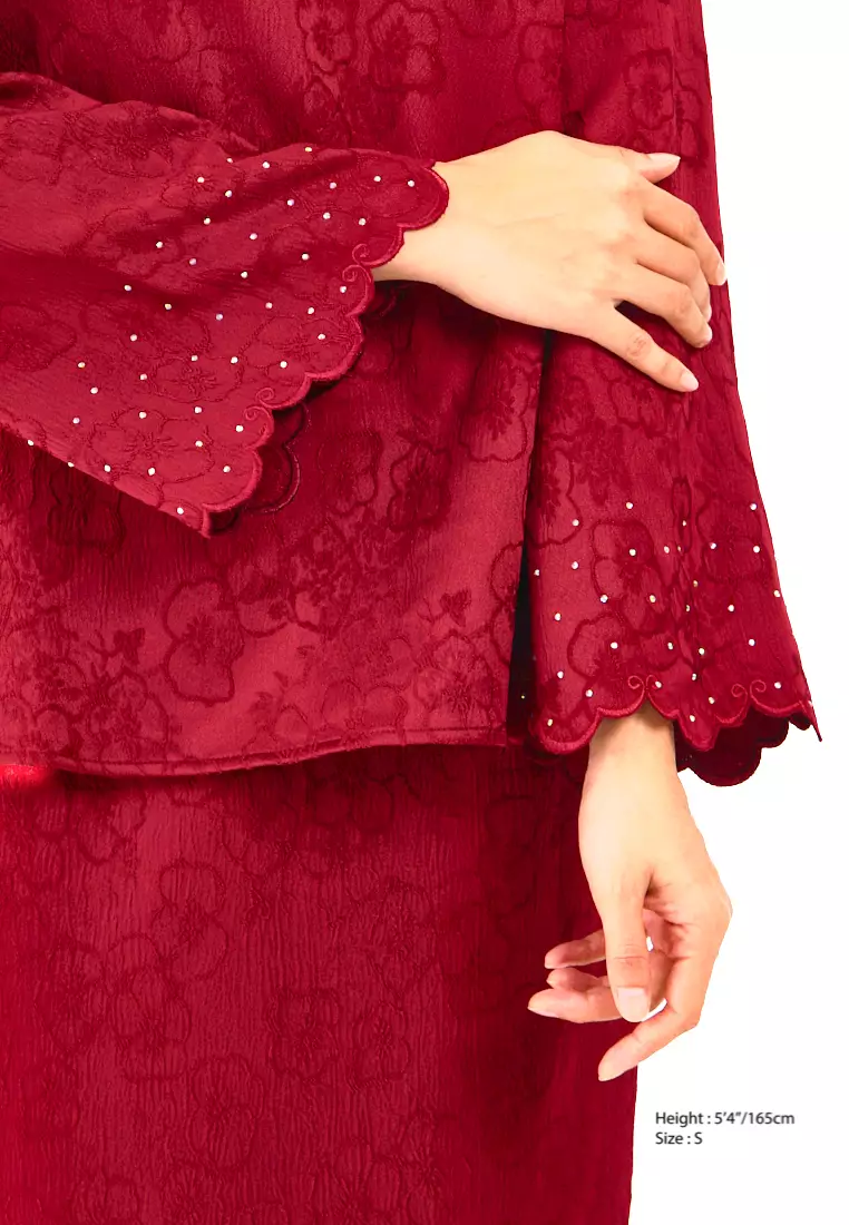 Elegance Redefined: Embroidered Red Kurung - Image 2